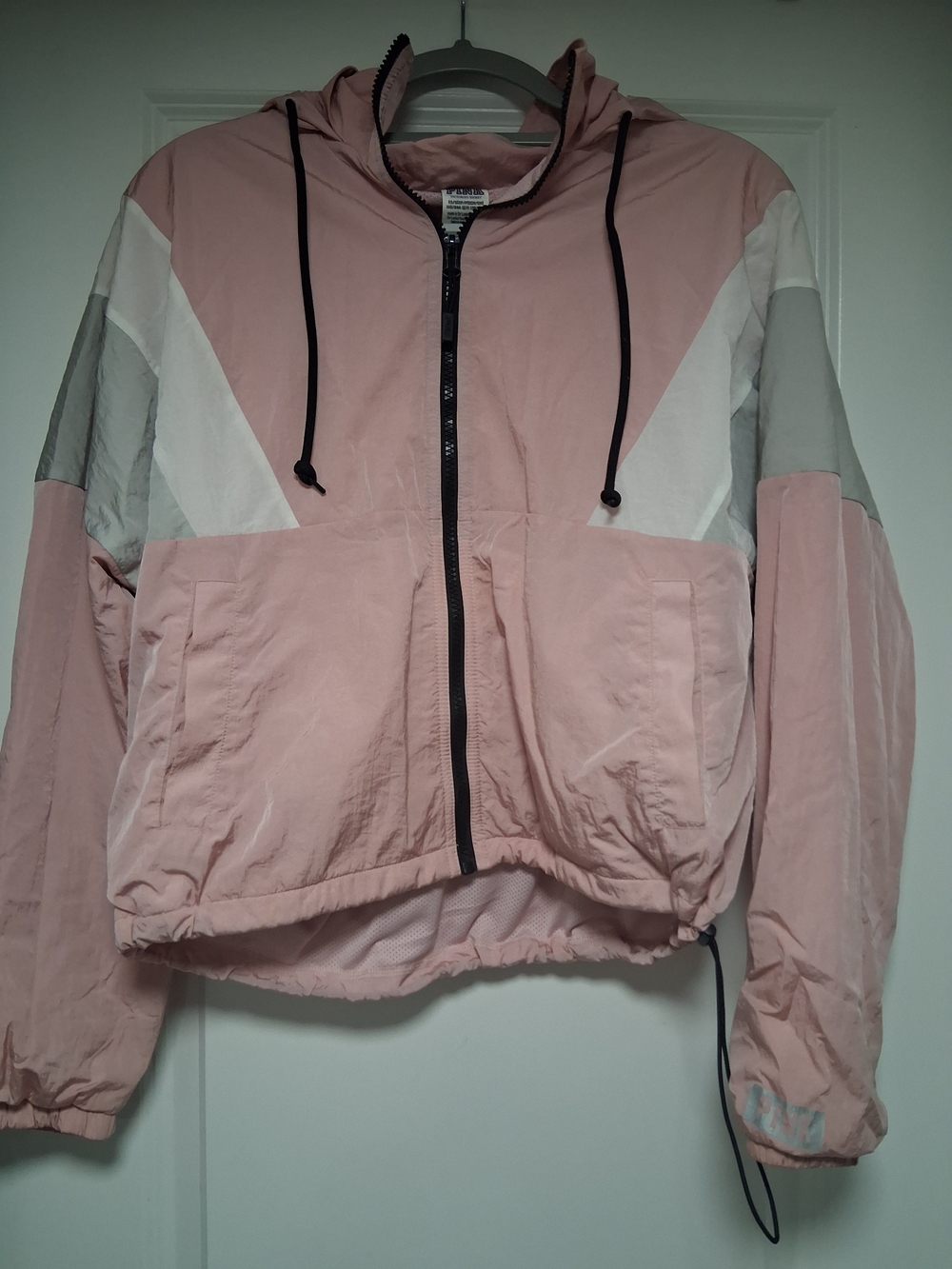 PINK Victoria's Secret Pink & White Colorblock Hooded Windbreaker Jacket